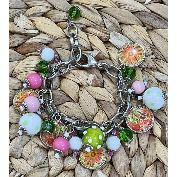 VTG Y2K Charm Cha Cha Bracelet Lampwork Glass & Floral Beads Silver Tone 7-8.25 - Picture 2 of 9